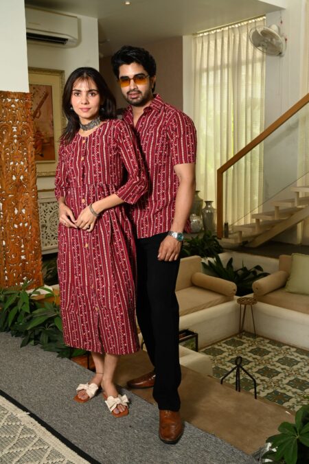 Couple Matching Maroon Cotton Anarkali Midi Dress and Shirt Set ? Vertical Stripe Ethnic Print